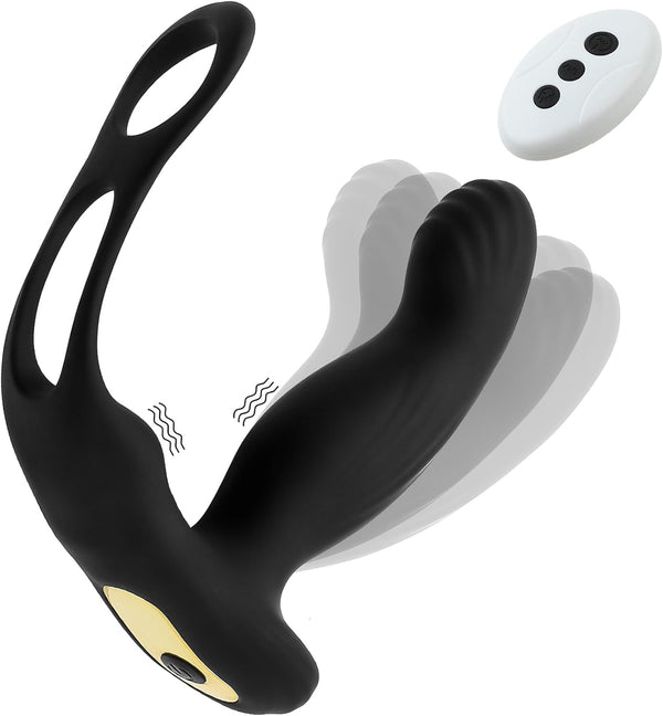 Prostate Massager Wiggling Anal Vibrator-Miyoti 10 Wave Motion &10 Vibration Modes Smart Heating Anal Plug with Ball & Cock Rings,Remote Vibrating Sex Toy for Male and Couple|Black